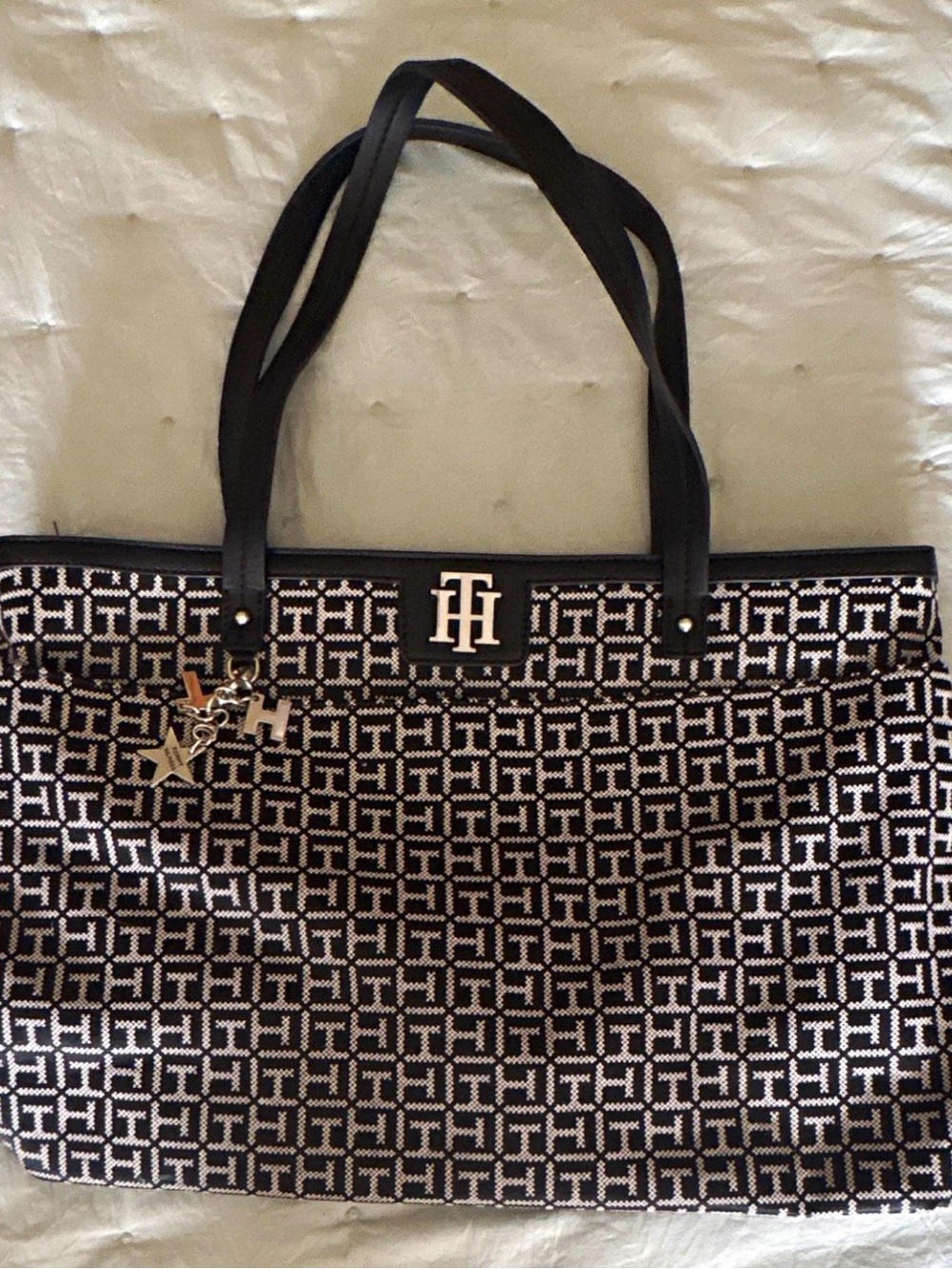 Tommy Hilfiger Black/White Monogram Large Tote Silver Hardware Charm and Pockets